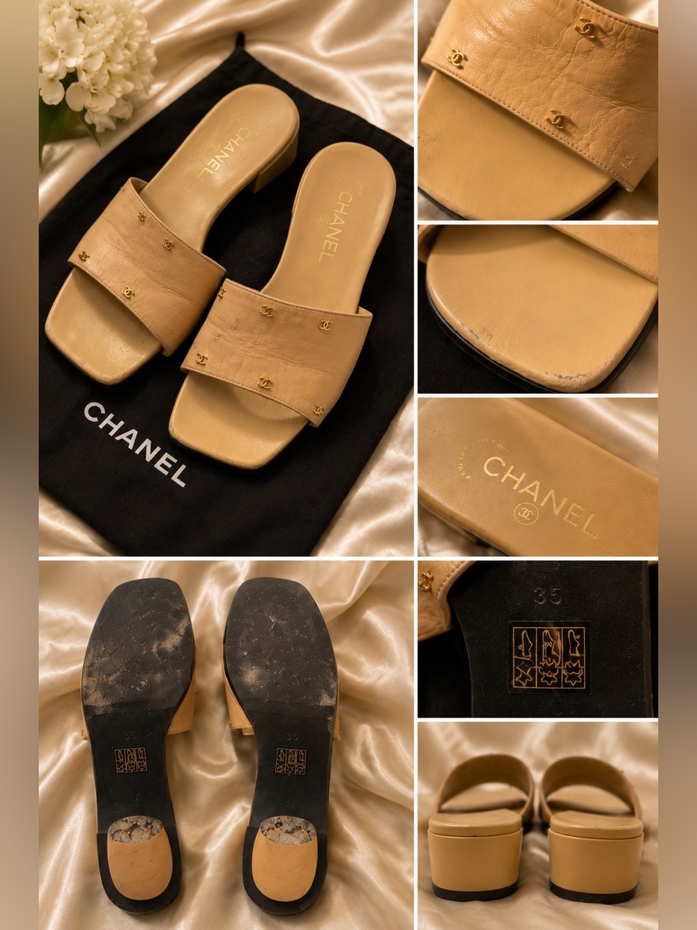 *RARE* CHANEL Beige Leather Slide Sandals with Gold CC Studs